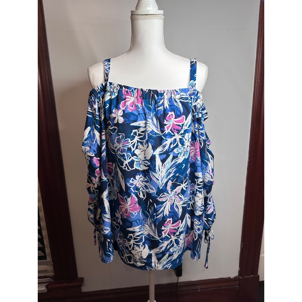 Lane Bryant Blue Pink Floral Cold Shoulder Top Long Sleeve Tie Cuff 14/16